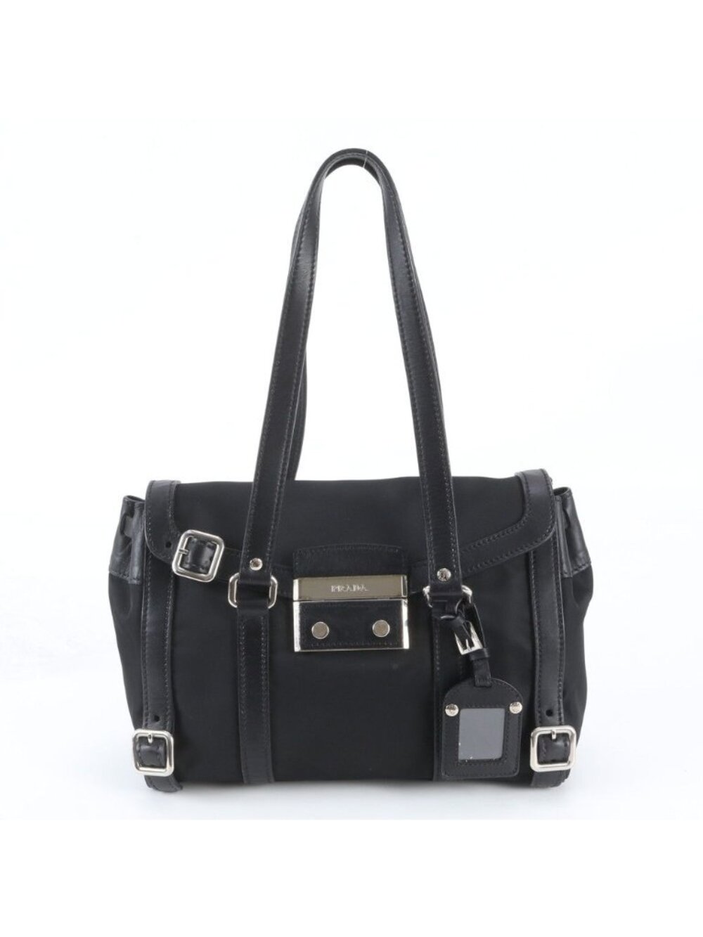 Prada Tessuto Nylon Triangle Logo Leather Shoulder Bag Hand Black